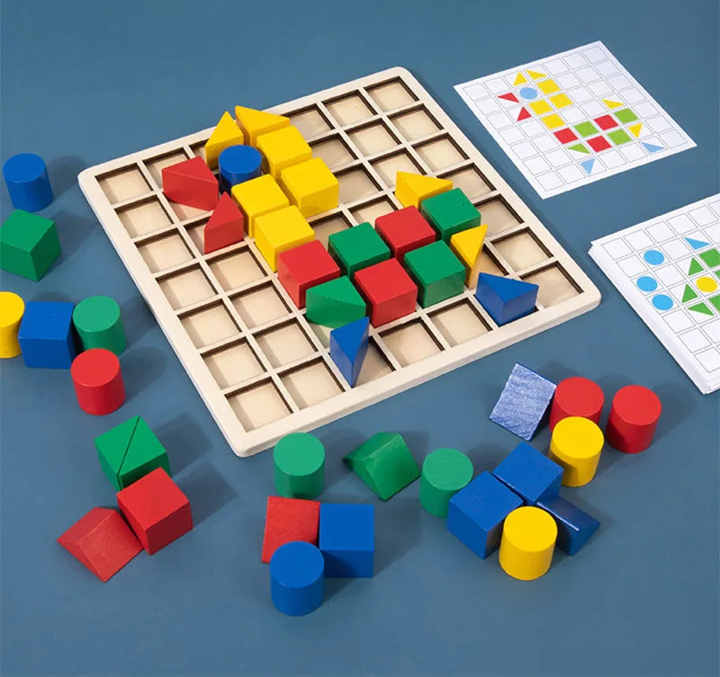 Montessori Geo Puzzle – Wooden Learning Game with Colourful Shapes & Pattern Cards (Ages 3+)