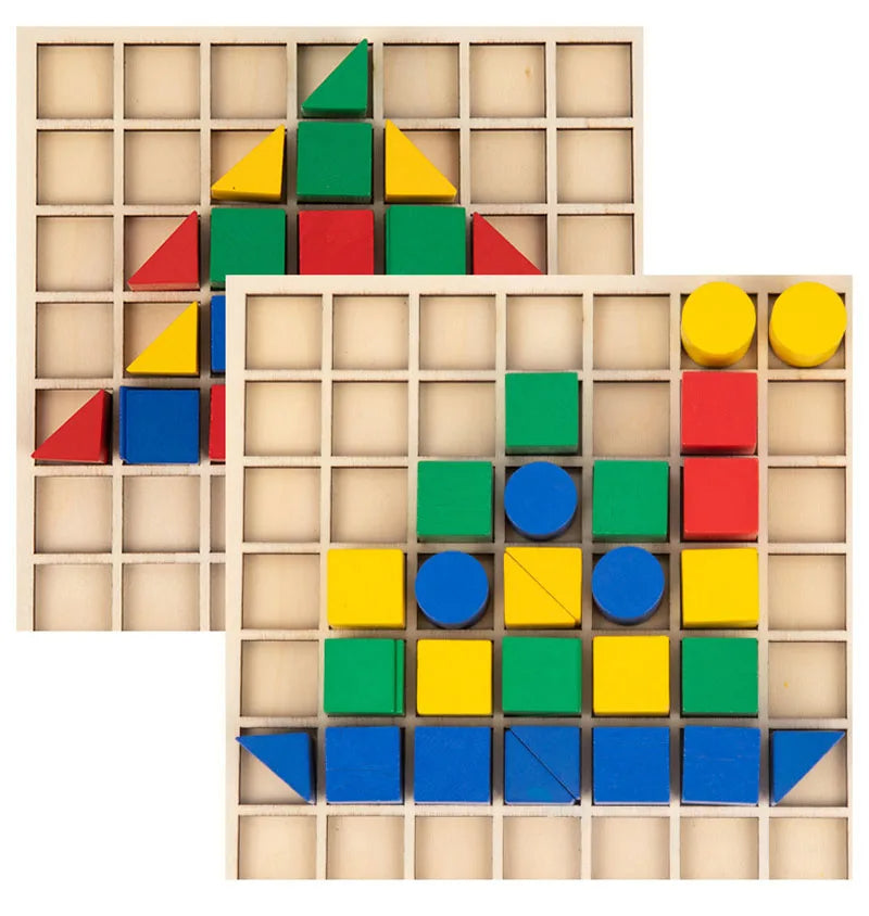 Montessori Geo Puzzle – Wooden Learning Game with Colourful Shapes & Pattern Cards (Ages 3+)