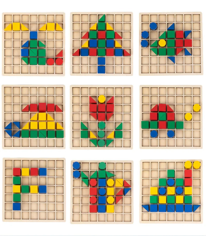 Montessori Geo Puzzle – Wooden Learning Game with Colourful Shapes & Pattern Cards (Ages 3+)