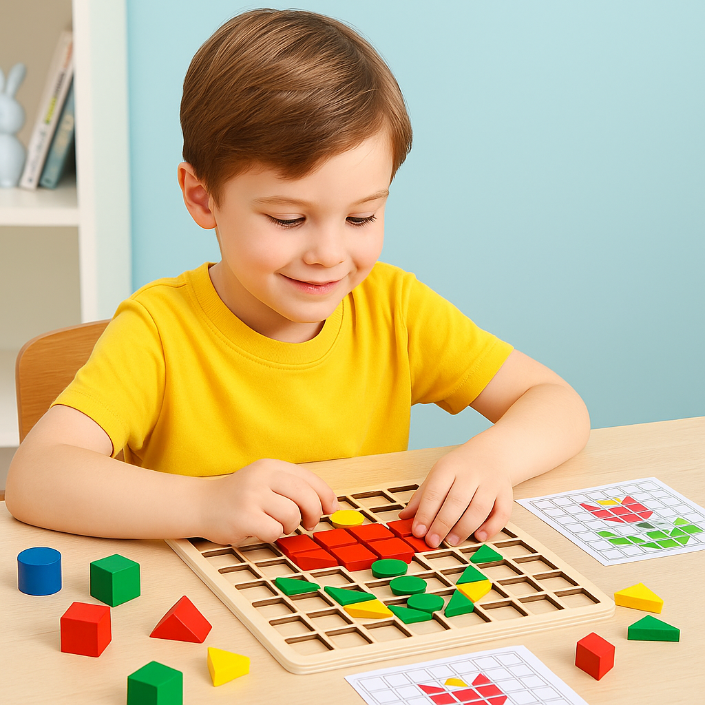 Montessori Geo Puzzle – Wooden Learning Game with Colourful Shapes & Pattern Cards (Ages 3+)