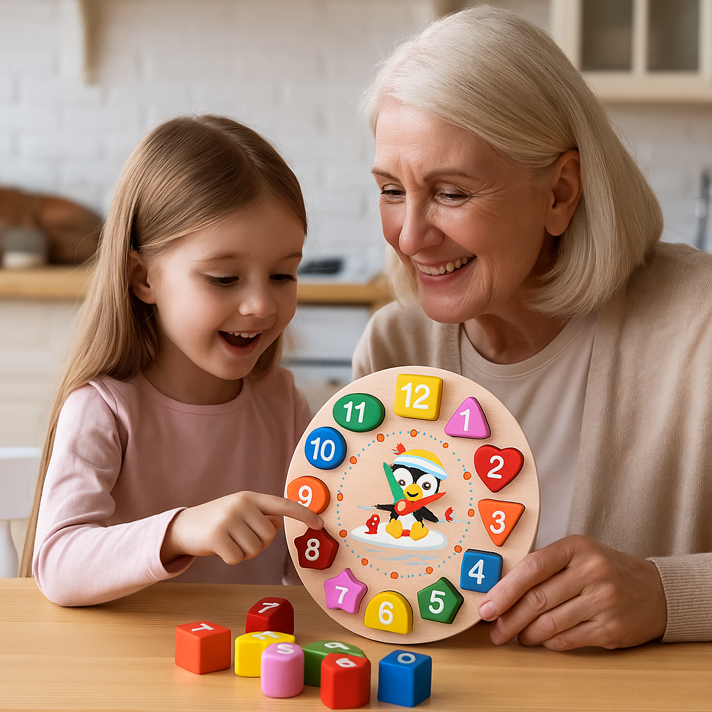 Wooden Learning Clock with Shapes &amp; Numbers – Learn to Tell the Time Through Play