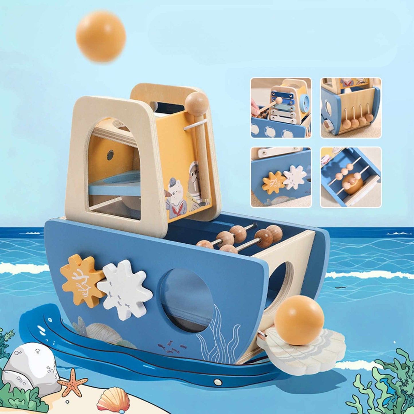 Montessori Wooden Boat 5-in-1 Toy Set (Ages 1–5)