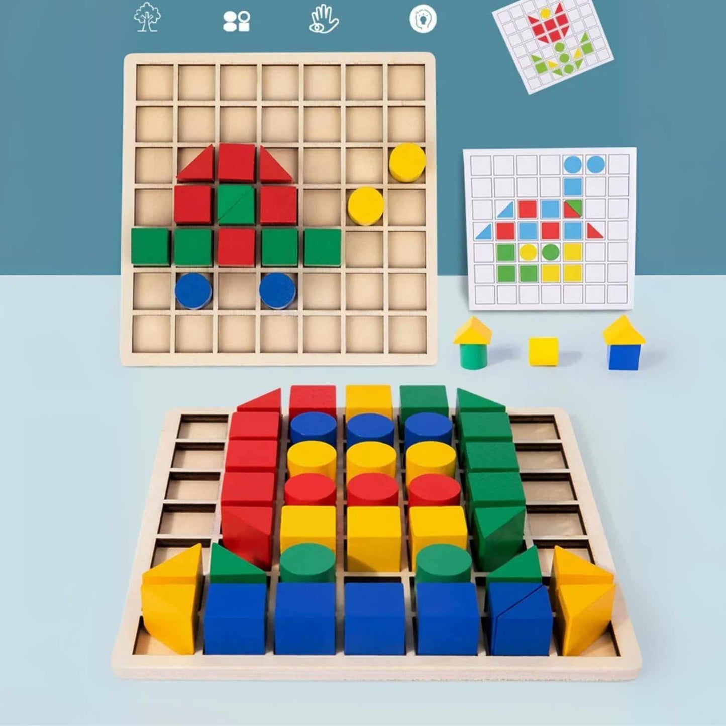 Montessori Geo Puzzle – Wooden Learning Game with Colourful Shapes & Pattern Cards (Ages 3+)